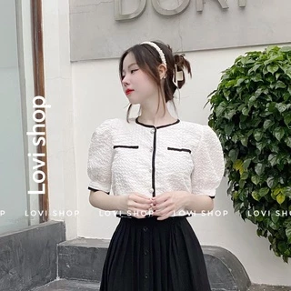 LOVI SHOP- Áo sơ mi croptop xốp tay phồng cúc ngọc viền đen trắng phong cách tiểu thư cực sang chảnh