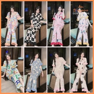 Bộ Pyjama Tay Ngắn Quần Dài Phối Viền Bèo Xinh Xắn Awi Pyjama