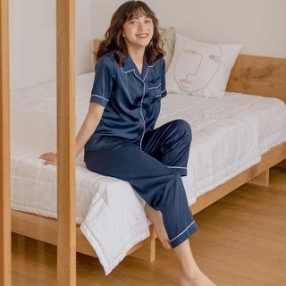 VIBES Đồ bộ Pijama dài Lụa trơn cao cấp Navy Long Py Set