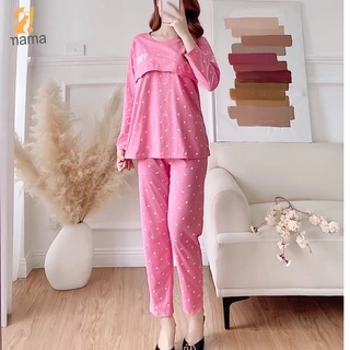 Bộ đồ bầu và sau sinh  2MAMA dài tay pink, chất cotton cao cấp cho mẹ bầu mặc nhà có nắp mở cho con bú V008