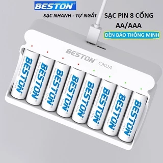 Bộ Sạc pin AA AAA 8 khe Beston C9024, có tính năng sạc nhanh, tự ngắt khi đầy, đèn báo thông minh, dùng cho micro,remote