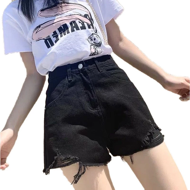 Quần short jean nữ Big Size lưng cao, phom rộng, rách nhẹ, không co dãn 60kg~90kg 4453 0053