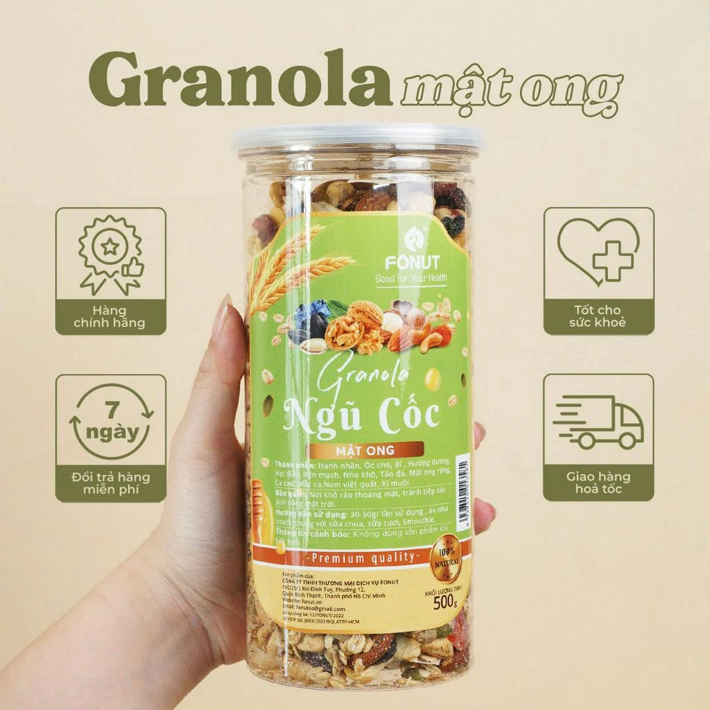 Hạt ngũ cốc granola Fonut 500g -250g granola siêu hạt nhiều macca phù hợp cho người ăn kiêng, giảm cân