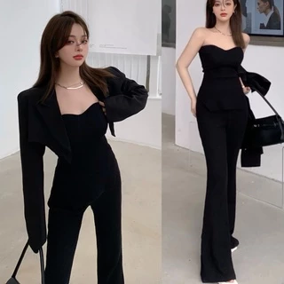 B16 Set Jumpsuit Cúp Ngực Có Đệm Ngực Kèm Áo Khoác Độn Vai