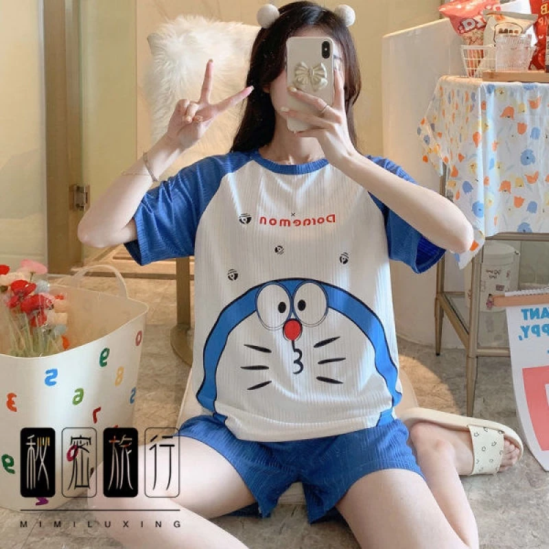 Bộ đồ ngủ ngắn tay họa tiết Doraemon xinh xắn theo phong cách mùa hè dành cho nữ