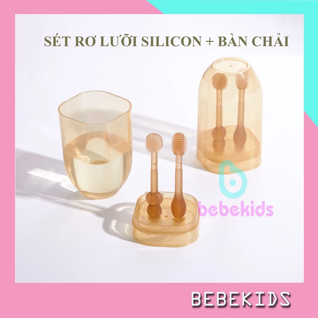 Rơ lưỡi cho bé silicon + bàn chải đánh răng cho trẻ sơ sinh đến 18 tháng, bộ tưa, cạo lưỡi vệ sinh cho bé