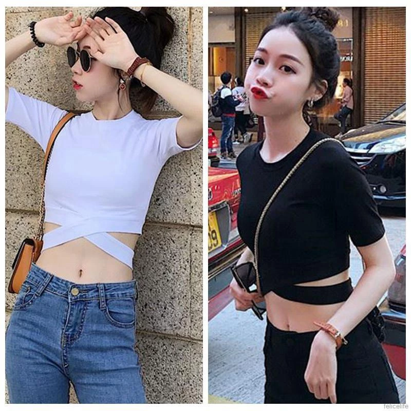 Áo Croptop tay ngắn cổ tròn thiết kế màu trơn cá tính cho nữ