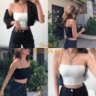 Áo 2 dây ngang ngực Croptop cotton, thun ống ôm body dây sợi bún