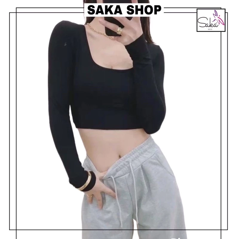 Áo croptop nữ tay dài croptop cổ chữ u tôn dáng trơn màu