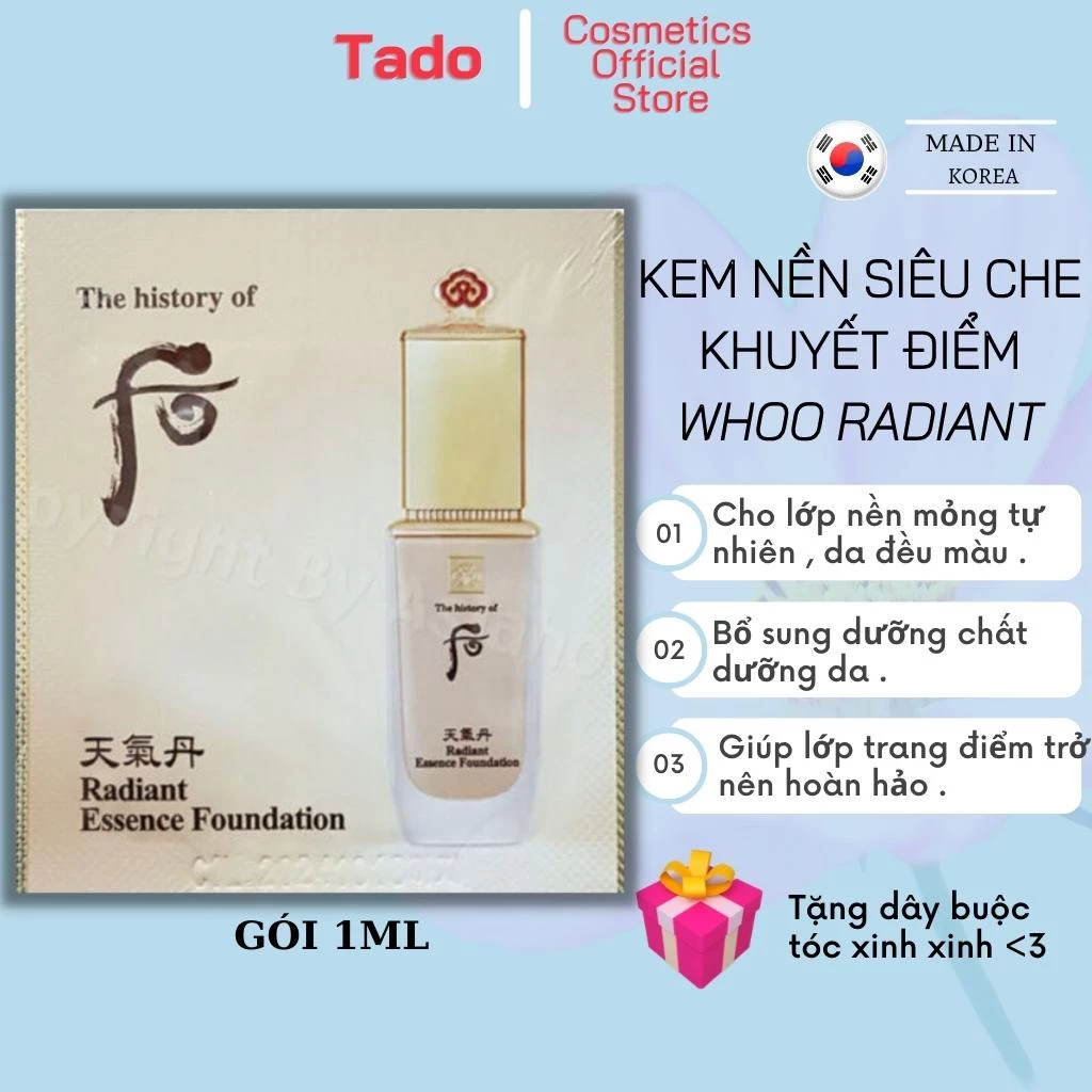 Kem nền che khuyết điểm Whoo Radiant Essence Foundation 1ML dưỡng da tái sinh , chống nắng SPF35 - PA++ , NO21