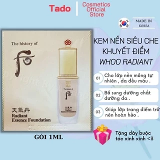 Kem nền che khuyết điểm Whoo Radiant Essence Foundation 1ML dưỡng da tái sinh , chống nắng SPF35 - PA++ , NO21