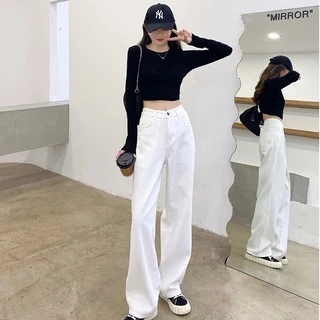 Quần Jeans Kaki Nữ Màu Trắng Cạp Cao Ống Suông Basic Phong Cách Ulzzang Xu Hướng Hot Trend Loại 1 Mặc Hàng Ngày Đi Học