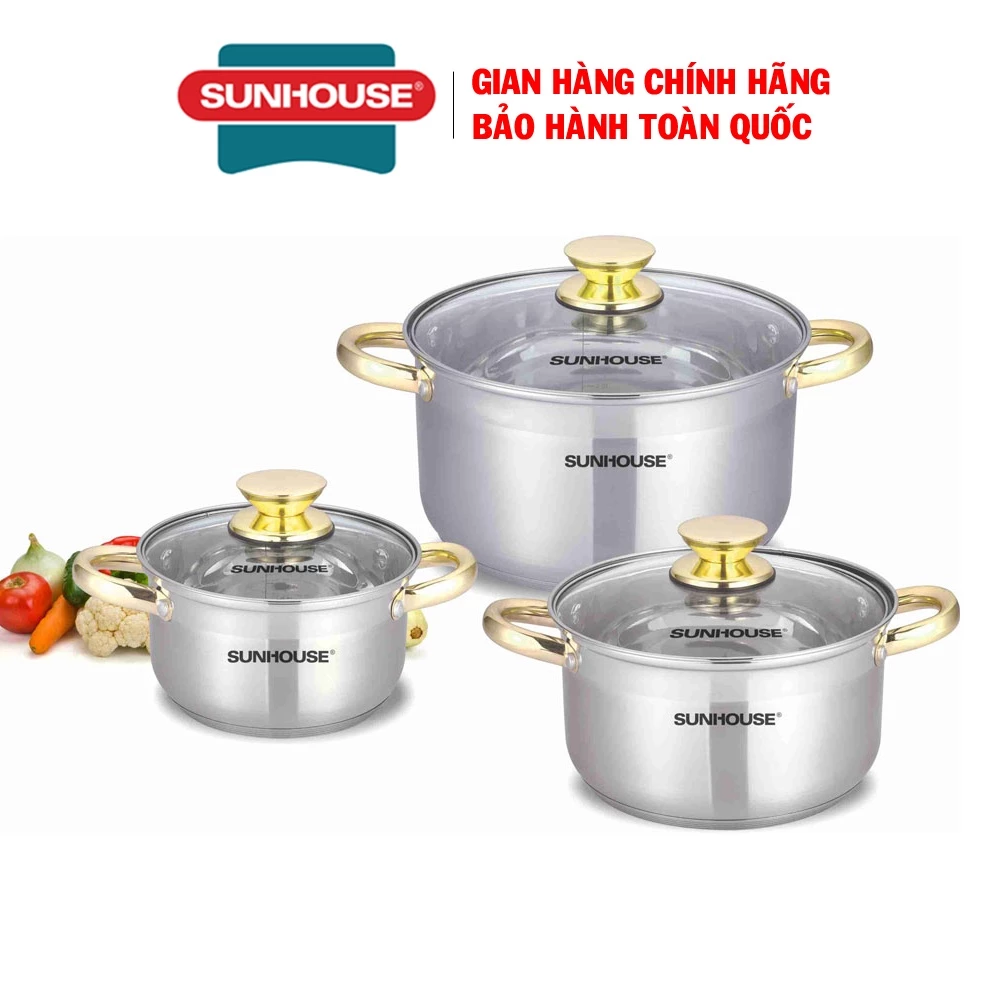 Bộ nồi inox 5 đáy Sunhouse SH781, Bộ 3 nồi inox, Nồi inox size 16, 20, 24cm, Vung kính cường lực, Sử dụng mọi loại bếp