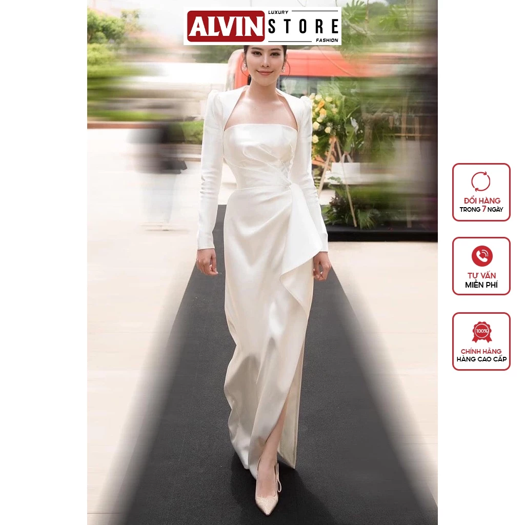 Đầm Dạ Hội Cúp Ngực Tay Dài Nhún Eo Xẻ Đùi Hợp Đi Tiệc Alvin Store 0989