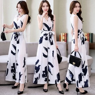 Jumpsuit Thời Trang Nữ Trễ Vai Có Dây Cột Eo Quần Ống Rộng Hoạ Tiết Hoa