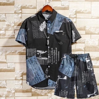 Bộ áo sơ mi tay ngắn họa tiết + quần short dáng rộng thời trang mùa hè cho cặp đôi / size M-5XL