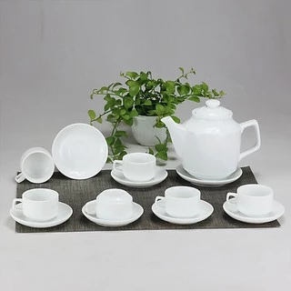 Bộ ấm chén men trắng vuông cao gốm sứ Bát Tràng (bộ bình uống trà, bình trà)