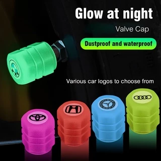 4Pcs Pack Car Brand Logo Fluorescent Color Luminous Car Tires Valve Cap / Universal Dustproof Decorative Self-luminous Bike Valve Cover / Portable Truck Motorcycle Tire Air Cap