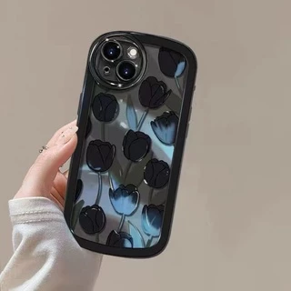 Ốp Điện Thoại Màu Đen Họa Tiết Hoa Tulip Cho iPhone 12 13 11 Pro Max X Xs Max Xr