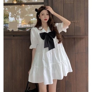 Váy babydoll đính nơ nữ 🍀đầm nữ phối nơ 3 tầng chất thô mềm min mát tay bao đẹp , THỜI TRANG1989