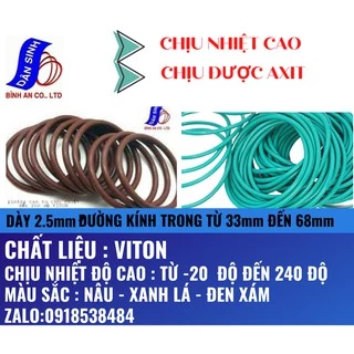 Dày 2.5mm,Đường kính trong 33mm đến 68mm , Gioăng VITON/FKM chịu nhiệt cao