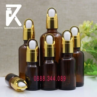 Chai thủy tinh, tinh dầu, serum nâu khoen quai xách vàng bóp trăng ống thủy tinh 5ml,10ml,15ml,20ml,30ml,50ml,100ml