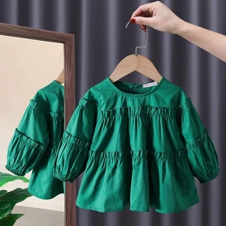 Áo Thun Cotton Tay Dài Màu Trơn Phong Cách Hàn Quốc Thời Trang Xuân Thu Cho Bé Gái