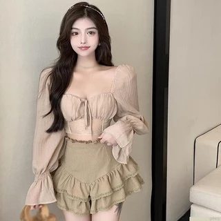 Áo croptop kiểu cổ vuông dài tay dạng phồng màu trơn thời trang quyến rũ cho nữ