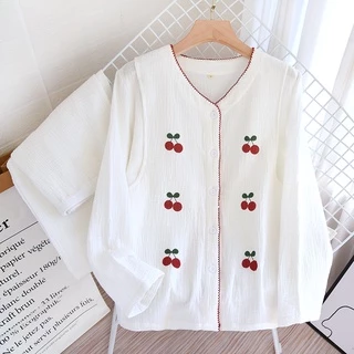 Bộ đồ mặc nhà sau sinh, Pijama ở cữ sau sinh chất liệu xô nhật, xô muslin mềm mại và thoáng mát - mẫu quả cherry