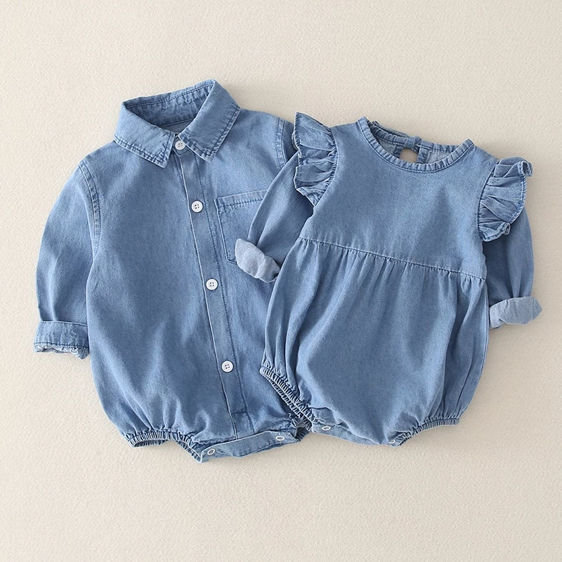 Quần áo liền quần dài tay cho bé gái sơ sinh bé trai Denim