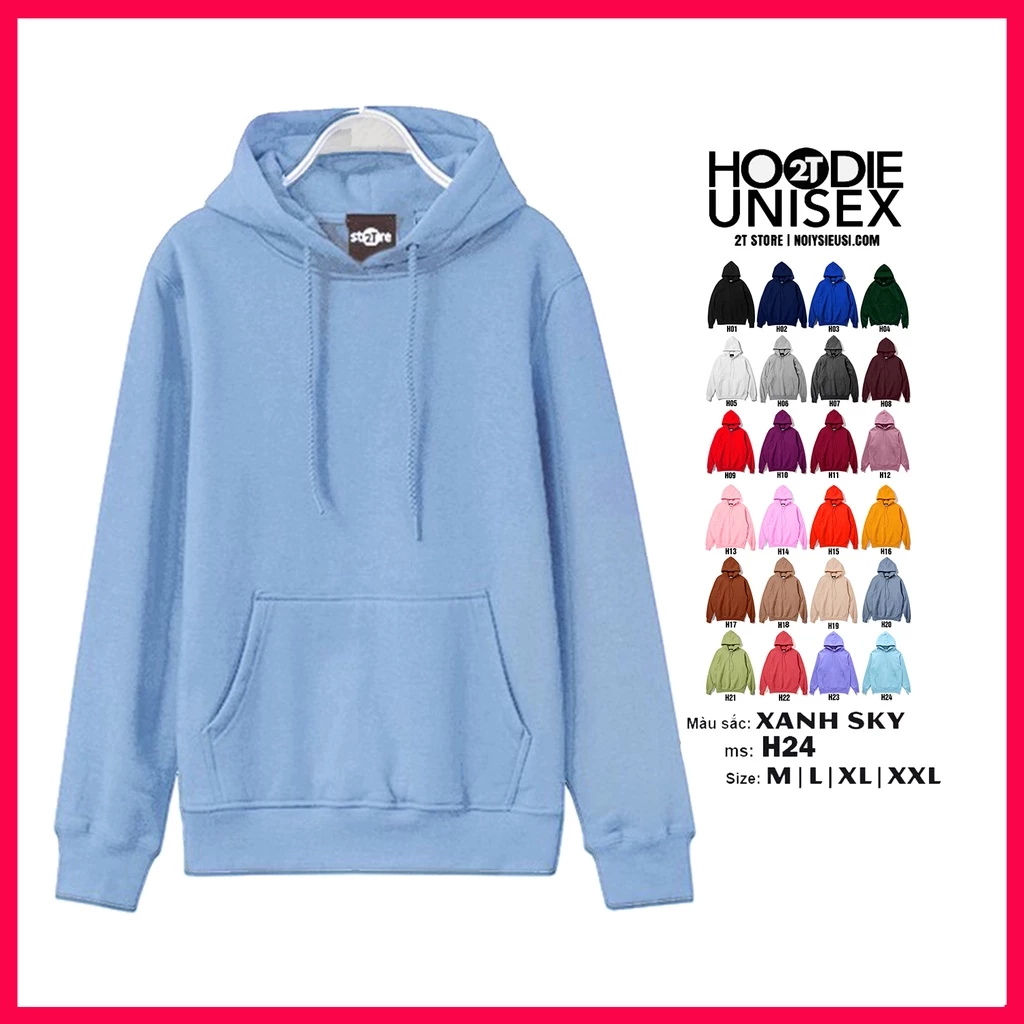 Áo hoodie unisex 2T Store H24 màu xanh da trời Sky - Áo khoác nỉ chui đầu nón 2 lớp dày dặn chất lượng tốt