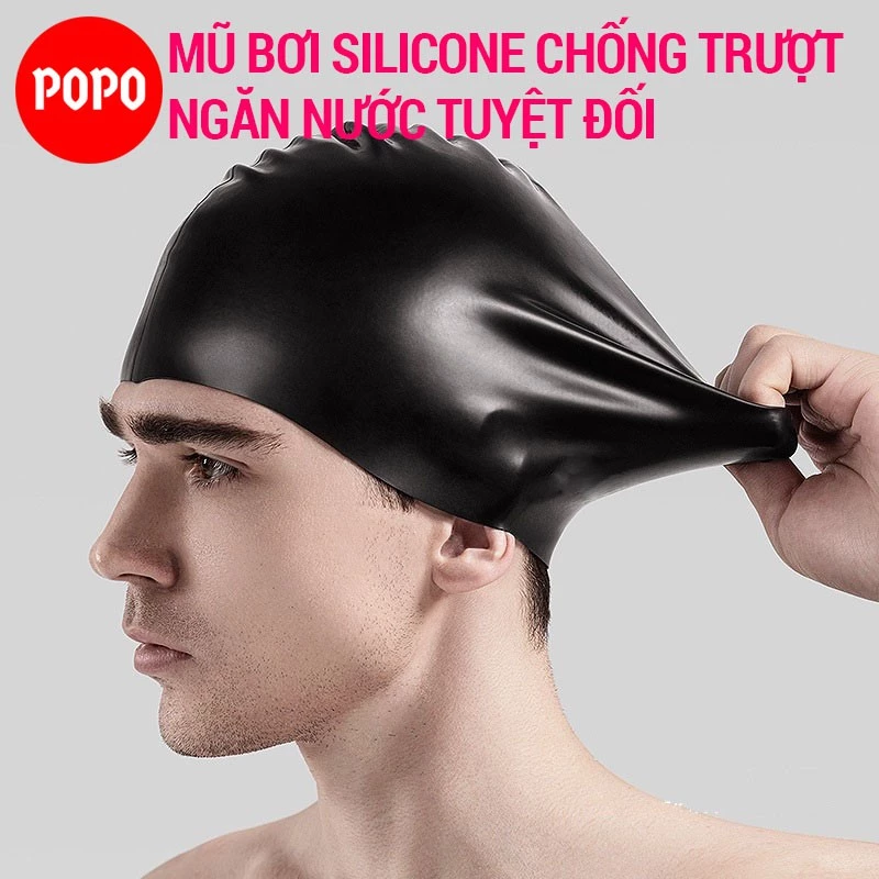 Mũ bơi silicone POPO CA31 người lớn cho nam nữ, cho bé, trẻ em trên 6 tuổi chất liệu an toàn