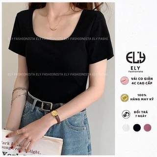 Áo phông nữ cổ vuông ngắn tay ôm sát body cotton thun trơn basic màu đen trắng ELY cao cấp  co giãn đi chơi đi làm ELY22