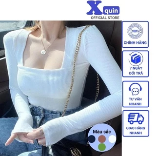 Áo croptop cổ vuông tay dài viền ngực Xquin, Áo kiểu nữ ôm body chất thun gân mềm mịn