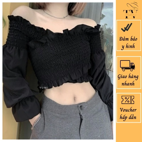 🌾Áo trễ vai voan trơn nhúng đắp chéo tay dài nhiều màu - Mã: 134🌾TV - Fashion