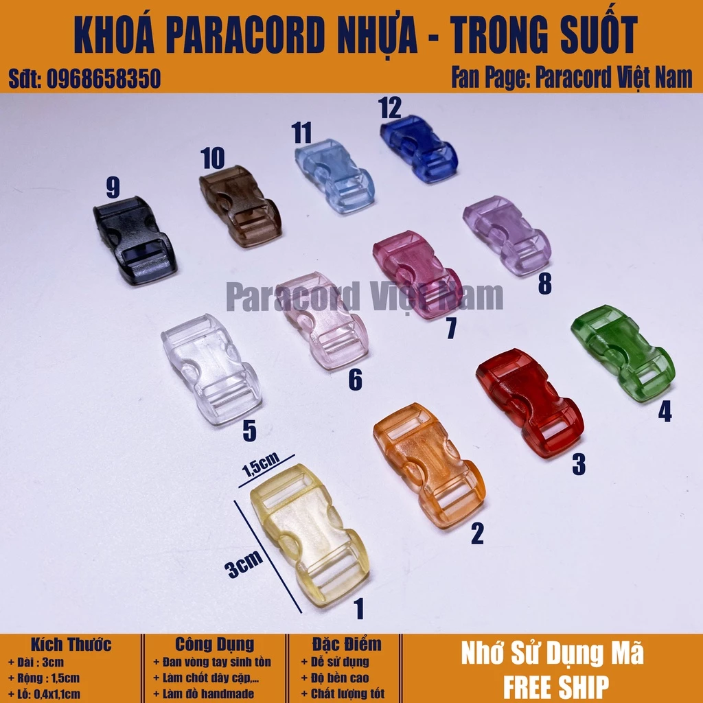 [ 2 cái] Khóa paracord nhựa trong suốt làm vòng tay sinh tồn
