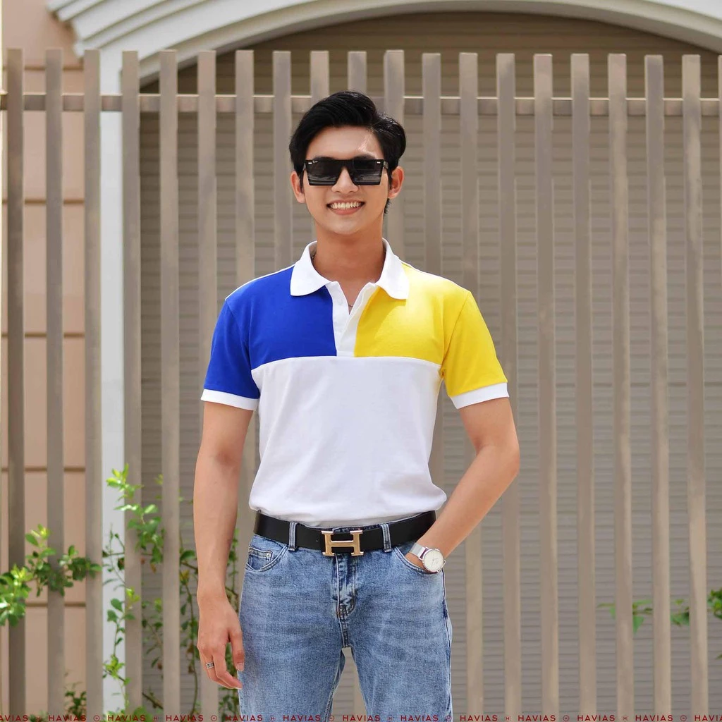 Premium Designed Polo Havias áo thun cổ V Xanh Navy kết hợp Vàng vải Cotton 100%