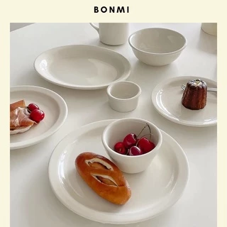 Set bát đĩa sứ trắng kem kiểu dáng đơn giản, chất liệu gốm cao cấp phong cách Hàn Quốc Bonmi Decor