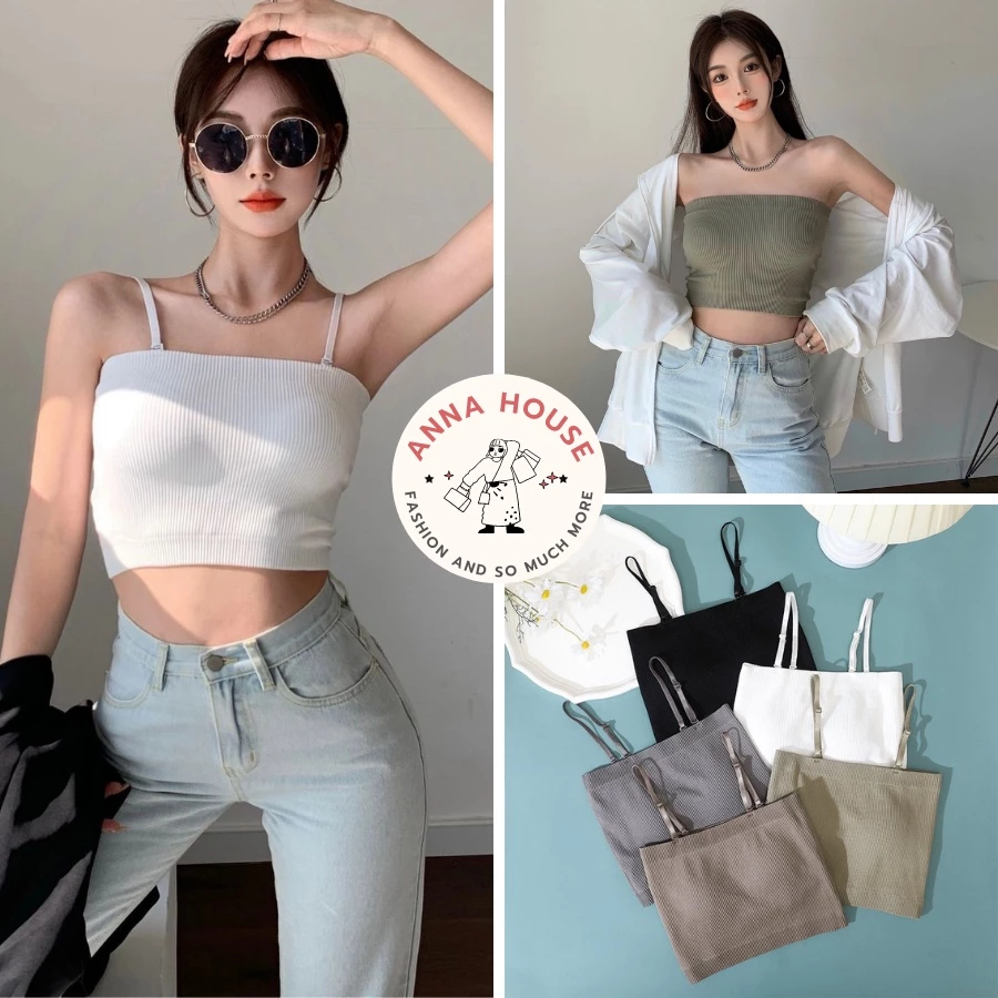Áo bra hai dây sợi dẹt có đệm ngực dáng ngắn croptop chất gân tăm co giãn, áo bra 2 dây quây ngực có đệm mút