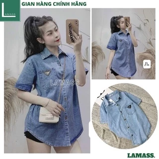 Áo sơ mi jeans bò dáng suông dấu quần trơn có lô gô ở ngực kiểu dáng hàn quốc ulzzang vintage -LAMASS