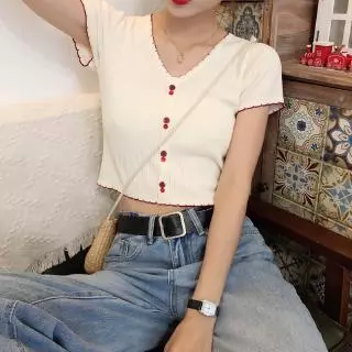 SUXI Áo Crop top thời trang cổ chữ V Áo sơ mi nữ dệt kim