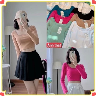 [ HÀNG SẴN + ẢNH THẬT ] ÁO THUN NỮ CỔ VUÔNG TRÒN TAY DÀI DÁNG ÔM - ÁO CROPTOP NHIỀU MÀU - HÀNG CHUẨN SHOP