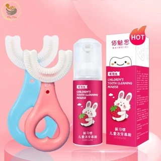 Combo Bàn Chải Đánh Răng Chữ U Và Kem Đánh Răng Dạng Bọt An Toàn Cho Bé Loại Cao Cấp, Shop Mẹ Mốc