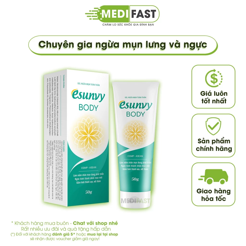 Kem ngừa mụn toàn thân Esunvy body Tuýp 50g, giảm mụn lưng, ngực từ thảo dược.