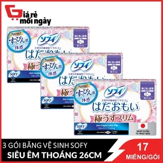 Combo 3 Băng Vệ Sinh Sofy Skin Comfort Ultra Thin 26cm Siêu Êm Thoáng Siêu Mỏng Cánh 17 Miếngx3