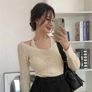 QADCOL Áo sweater dệt kim tay dài dáng ôm thiết kế độc đáo thời trang gợi cảm dành cho nữ