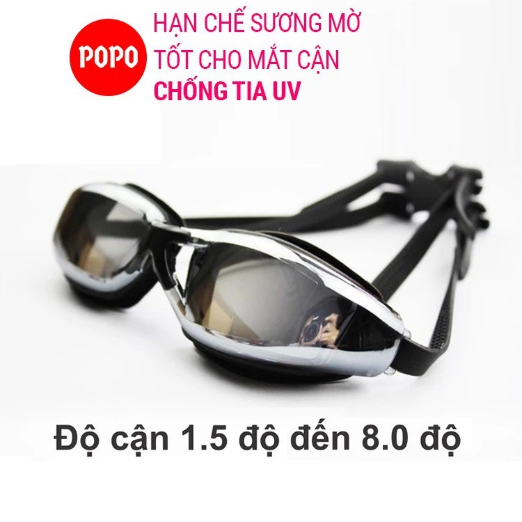 Kính bơi cận cho người lớn nam nữ có độ từ 1.5 độ đến 8.0 độ chính hãng POPO tráng gương chống UV