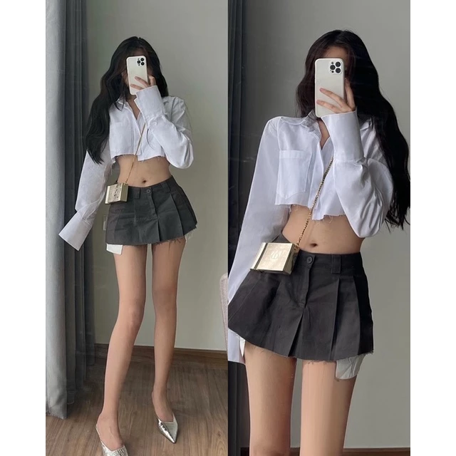 [ HÌNH THẬT ] Áo sơmi croptop - Chân váy mini skirt ( CÓ SẴN )