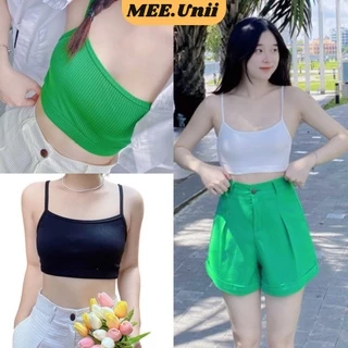 Áo hai dây croptop nữ MEE.UNII  len gân co dãn kiểu ôm, áo bra gân bo chun tiện lợi trắng đen xanh lá