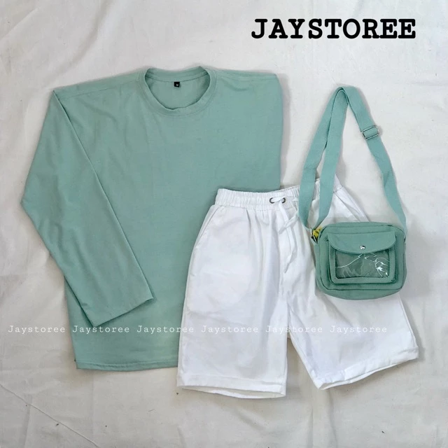 Set Áo thun trơn tay dài Xanh Mint và Quần short kaki trắng ❤️/Nam nữ unisex/FREESHIP 99K❤️